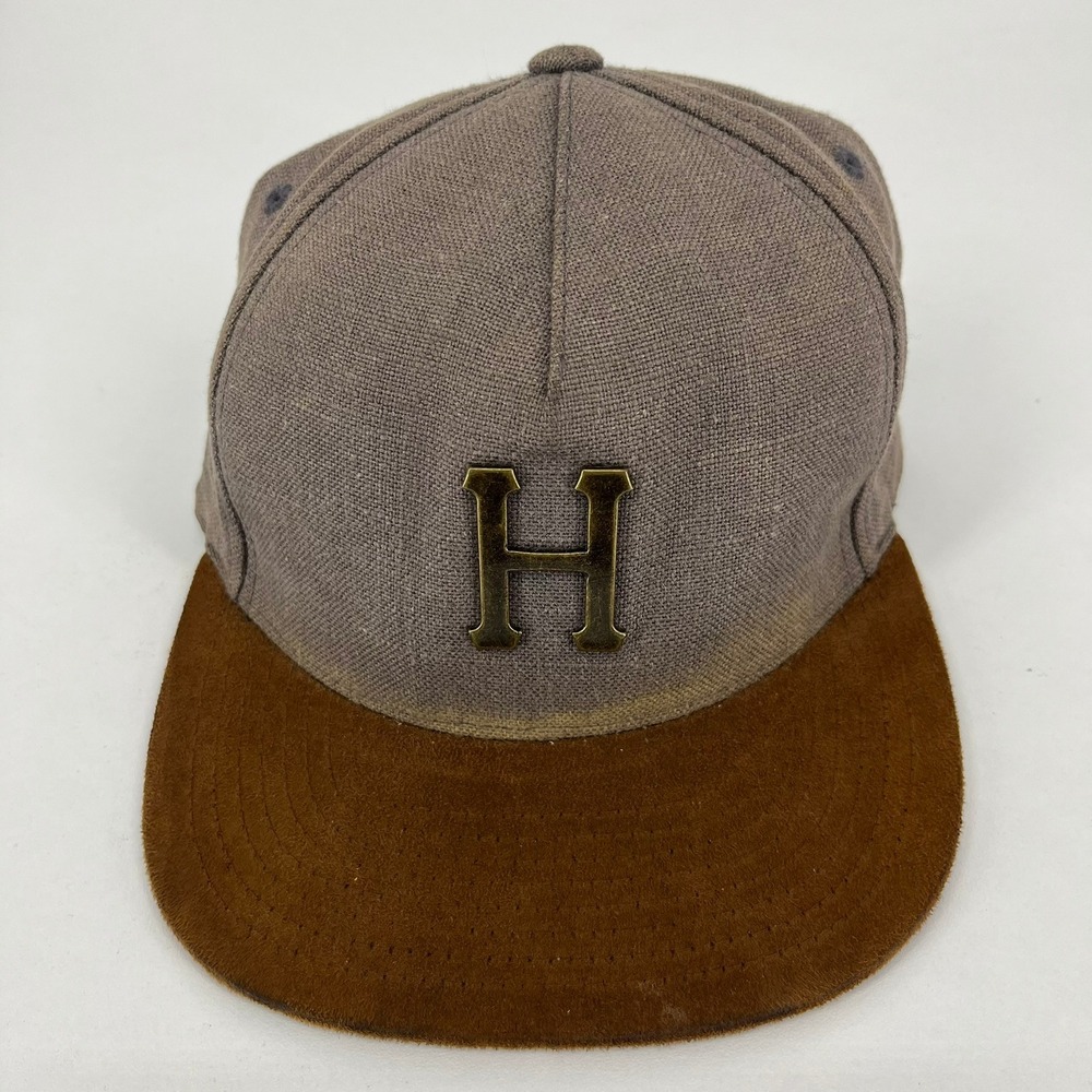 HUF Customade Mens Grey Linen Blend Strapback Hat Brown Suede Brim Metallic Logo